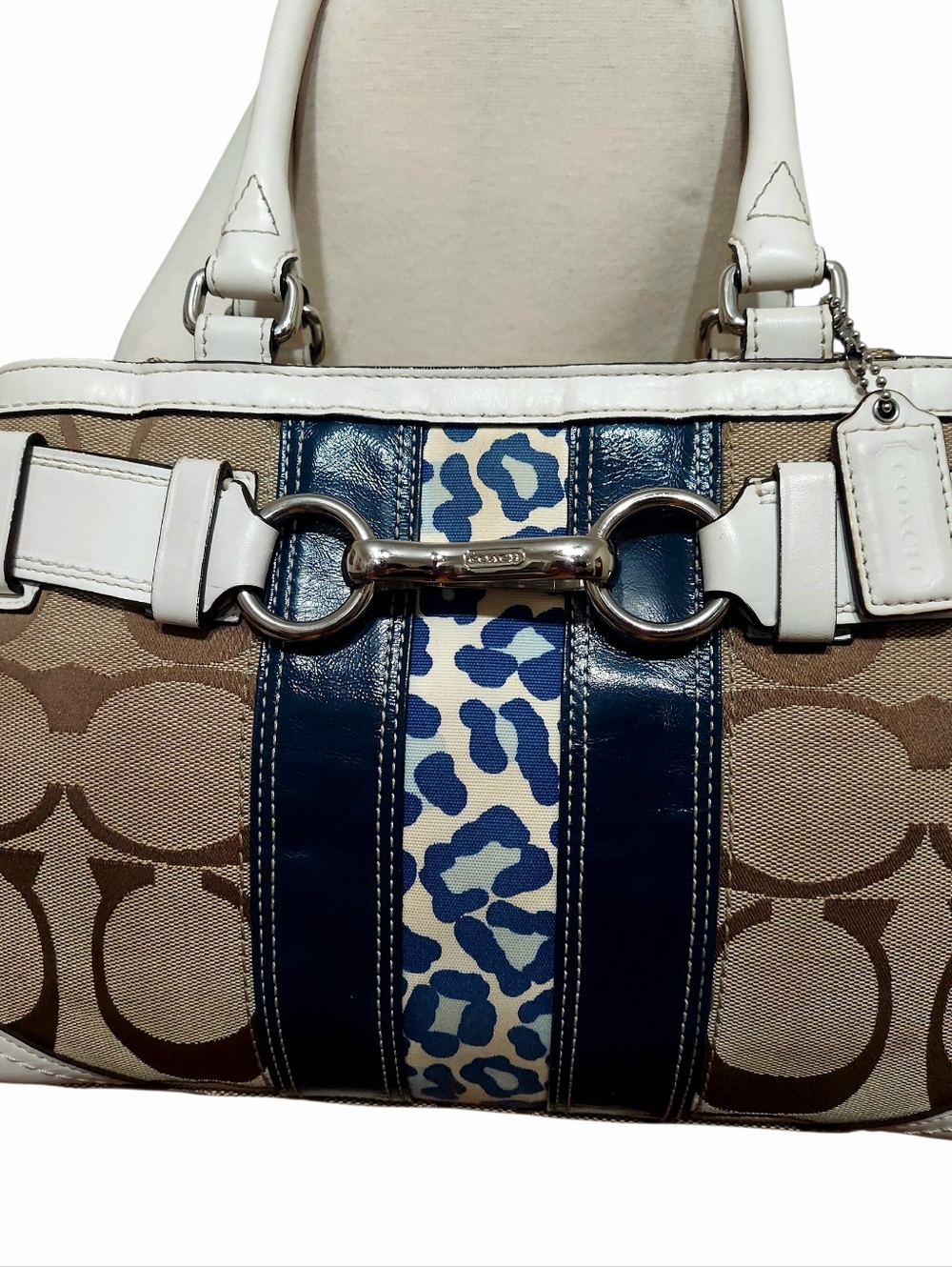 Y2K Coach 2000 Hamptons Stripe Carryall Satchel Leopard Print Jacquard & Leather - Picture 3 of 13
